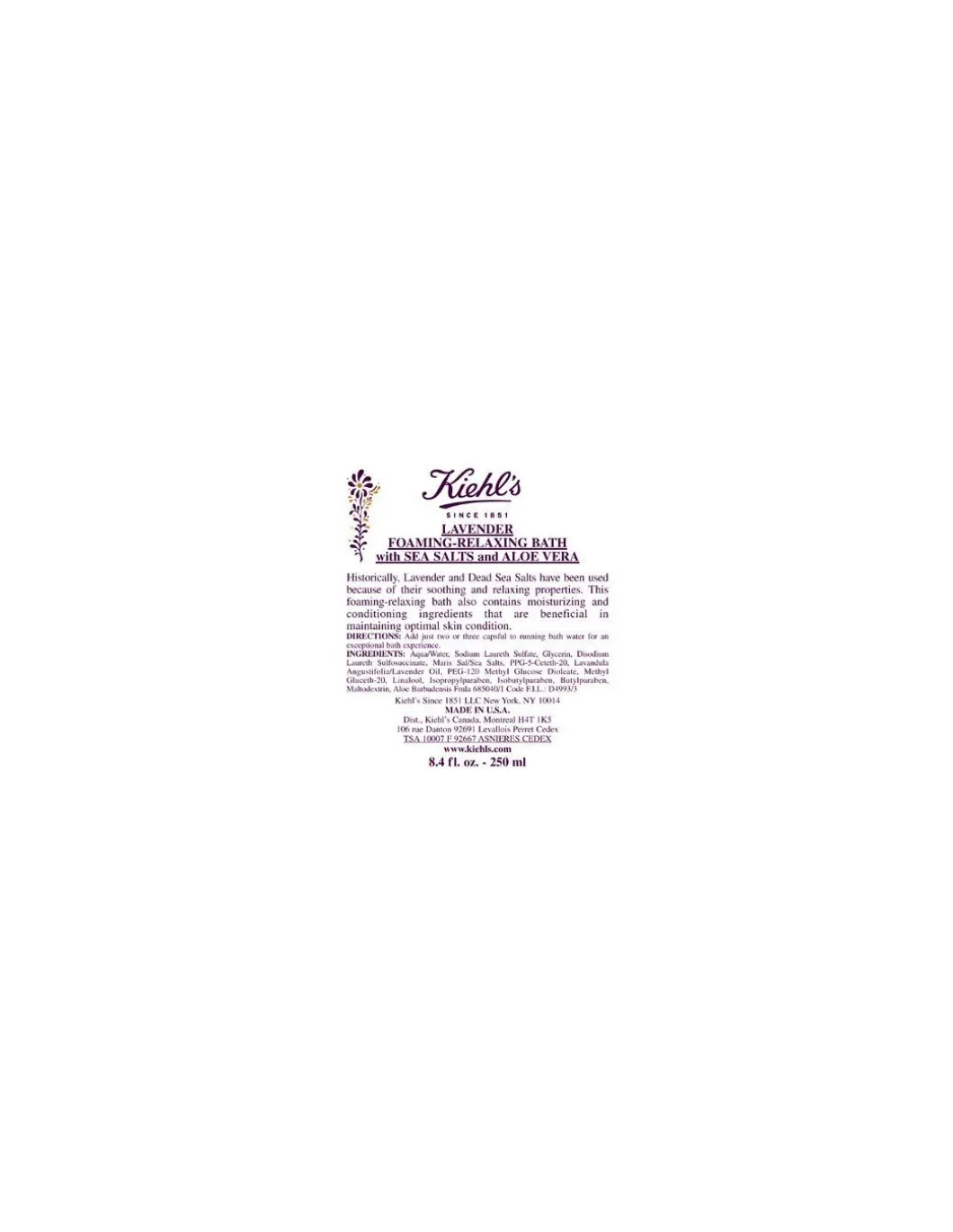 Kiehl's - Lavender Foaming-Relaxing Bath with Sea Salts and Aloe 250ml - Coltelleria Lorenzi Milano
