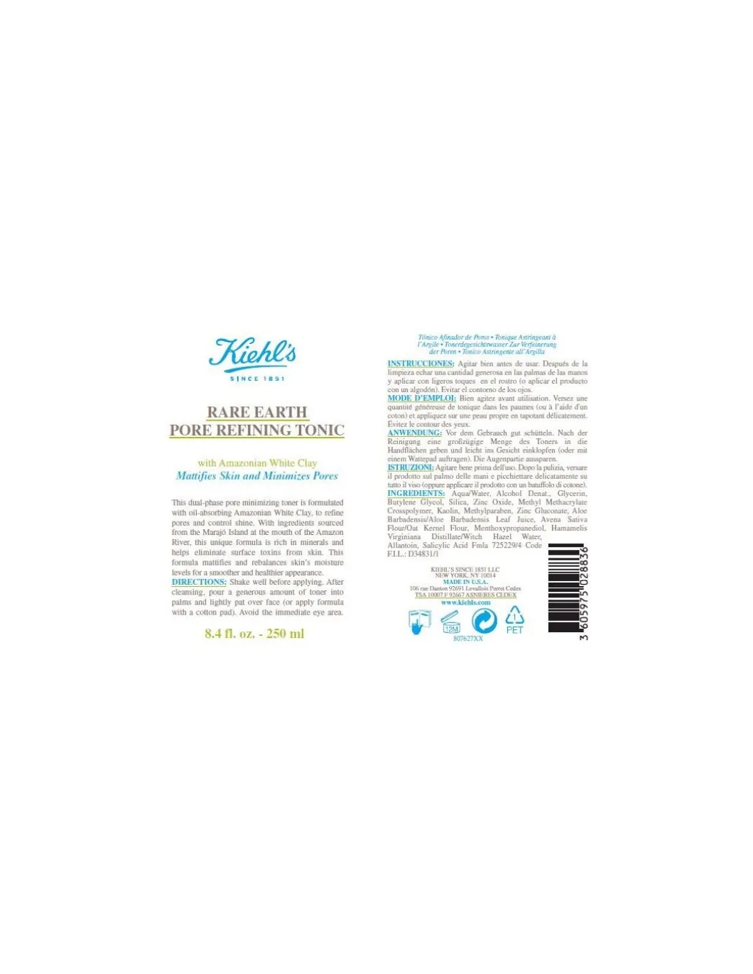 Kiehl's - Rare Earth Pore Refining Tonic 250ml - Coltelleria Lorenzi Milano